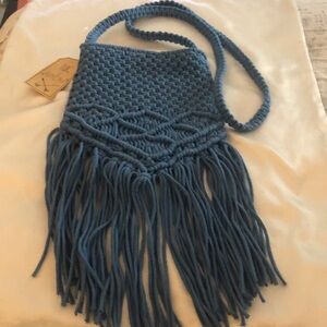 Twig & Arrow Blue Macrame Crochet Crossbody Bag Fringe Accents NWT